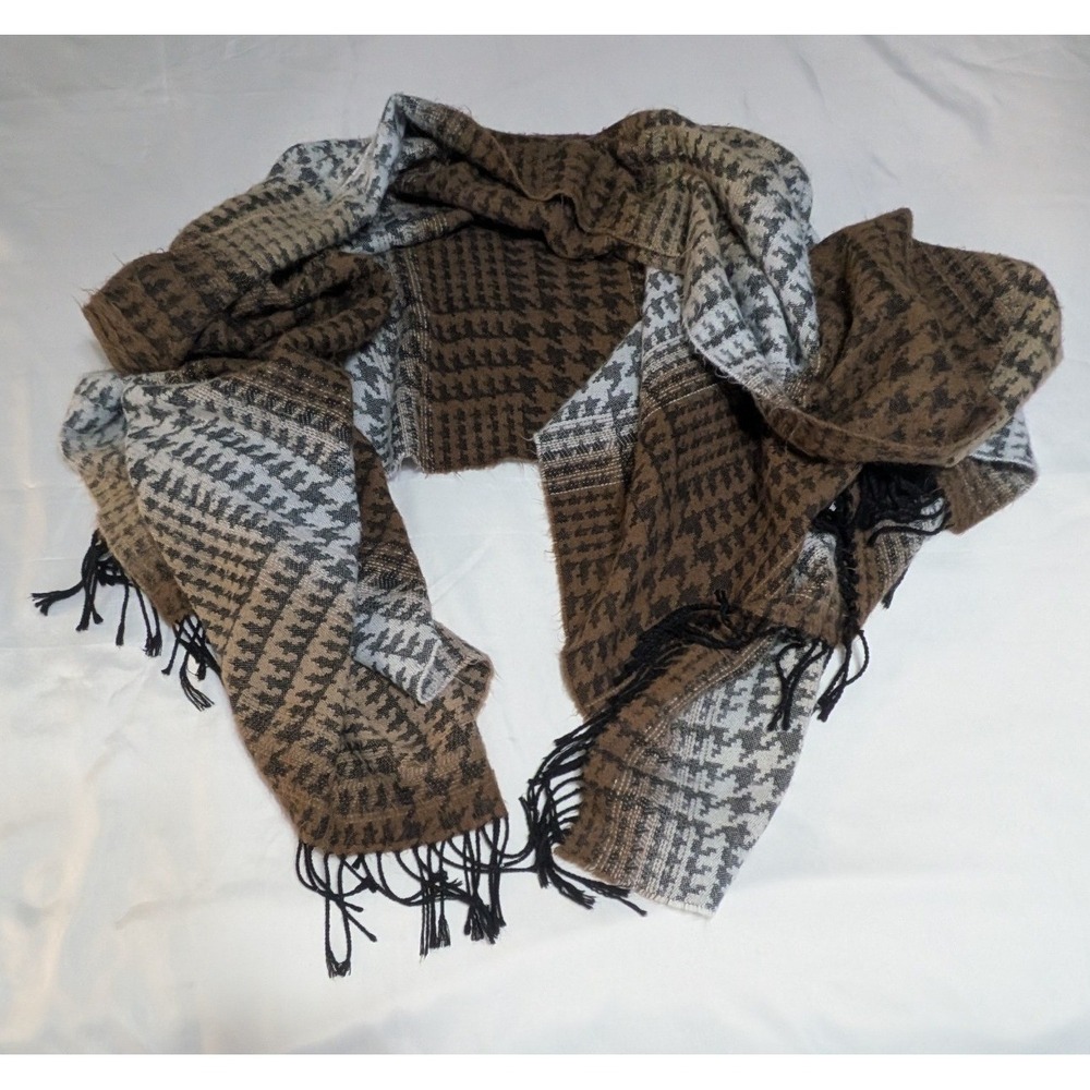 Unbranded Houndstooth Scarf Women OS Brown Excellent Oversized Fringe Wrap